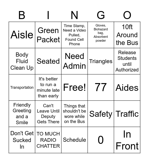 School Bus Safety Training Bingo Card