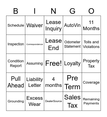 Lease New Hire Bingo Card
