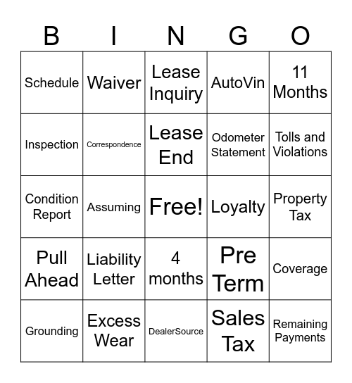 Lease New Hire Bingo Card