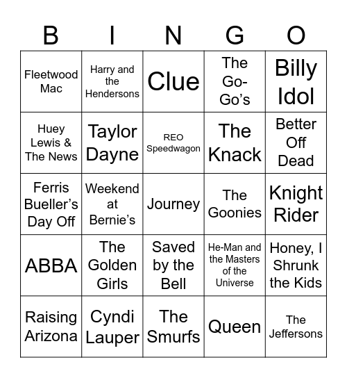 All About the 80s Bingo Card