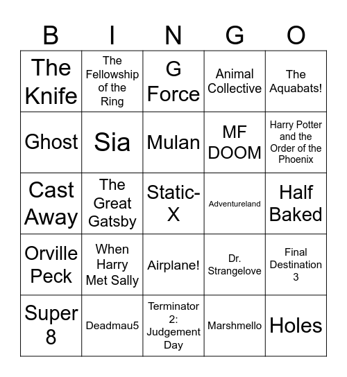 Movie Quotes, Fireworks, & Masked Singers Bingo Card