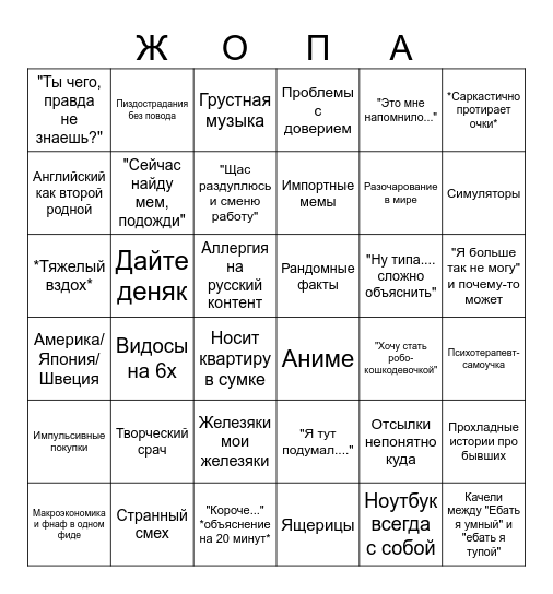Саня бинго Bingo Card