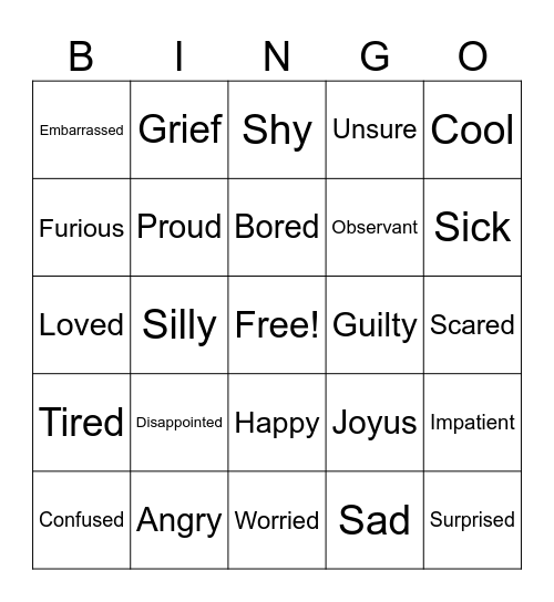 Feelings and Emotions Bingo Card