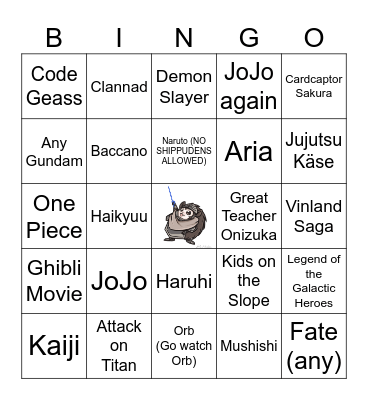Anime Music Quiz Bingo Card