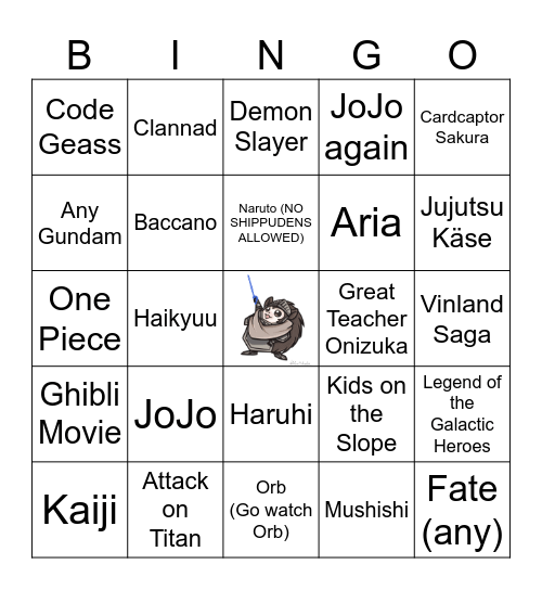 Anime Music Quiz Bingo Card
