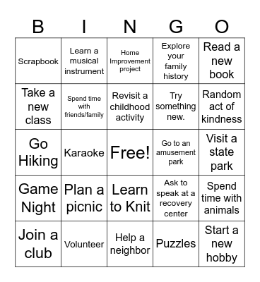 Holiday's in Recovery Activities Bingo Card