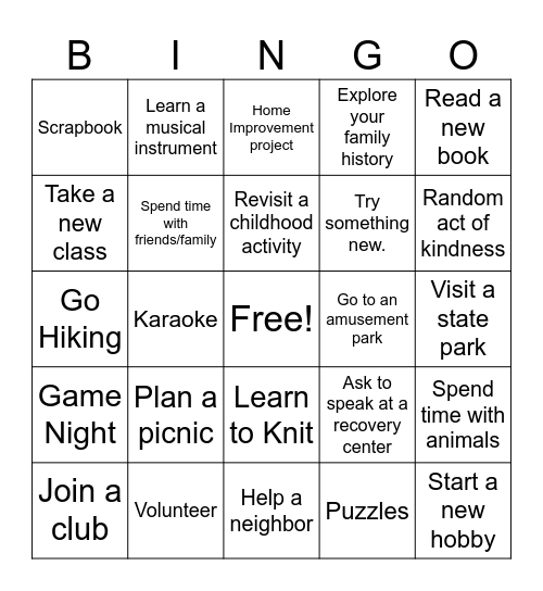 Holiday's in Recovery Activities Bingo Card