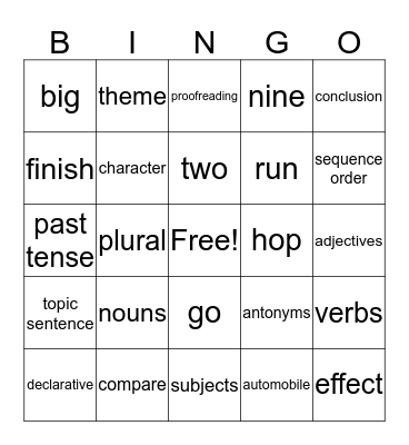 Language Vocabulary Bingo Card
