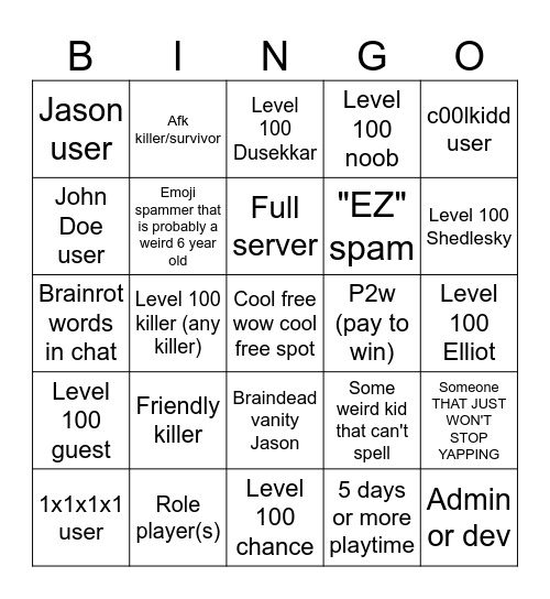 Roblox Forsaken Bingo!! Bingo Card