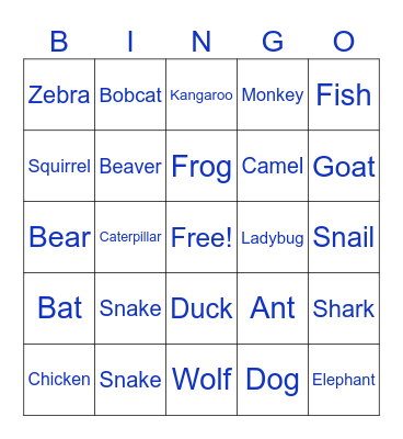 Animal BINGO Card
