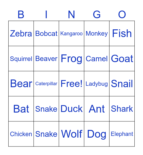 Animal BINGO Card