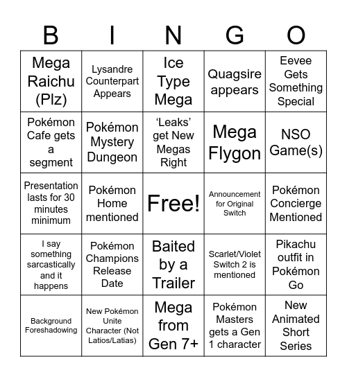 Pokémon Presents Jul 2025 Bingo Card