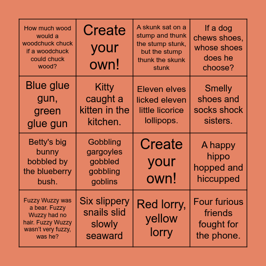 Tongue Twister Tic Tac Toe Bingo Card