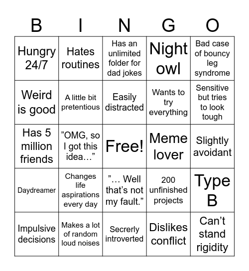 ENFP Bingo Card