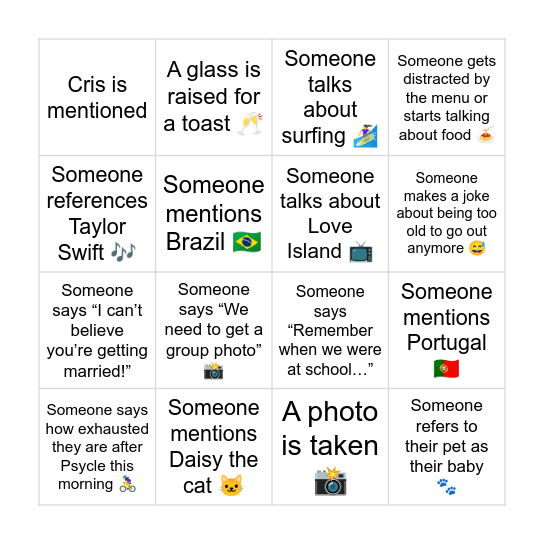 Maddy's Bridal Bingo Card