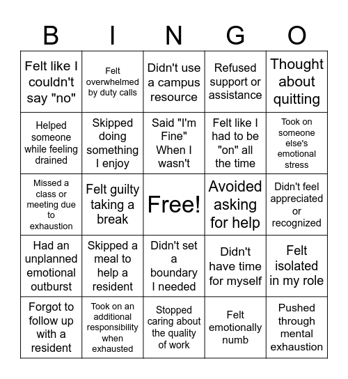 Burnout Bingo Card