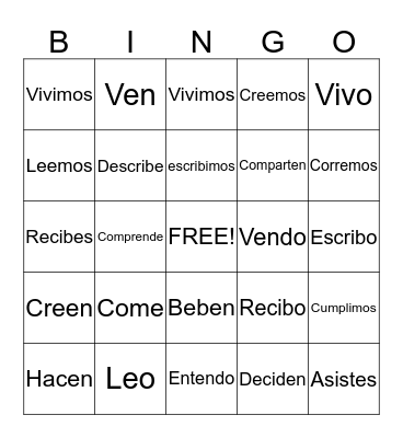 -ER and -IR Ending Verbs Bingo Card
