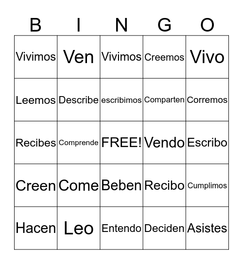 -ER and -IR Ending Verbs Bingo Card