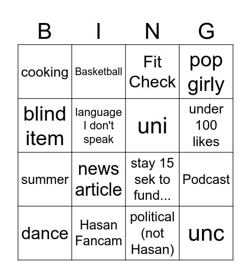 TikTok Bingo Card
