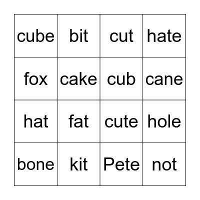 magic e Bingo Card