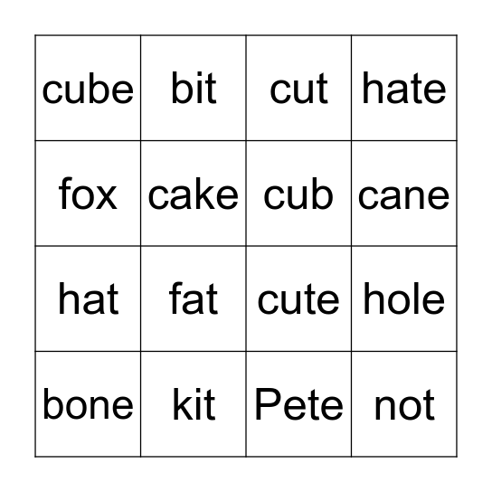magic e Bingo Card