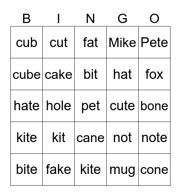 magic e Bingo Card
