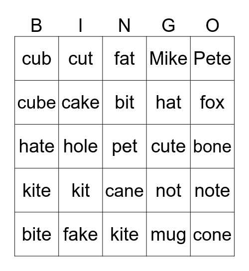 magic e Bingo Card