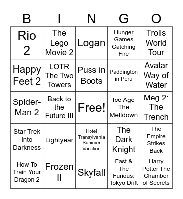 Movie Sequels Bingo Card