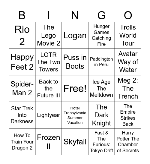 Movie Sequels Bingo Card