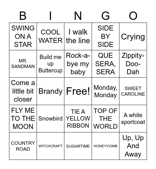 Sing Along Bingo Card