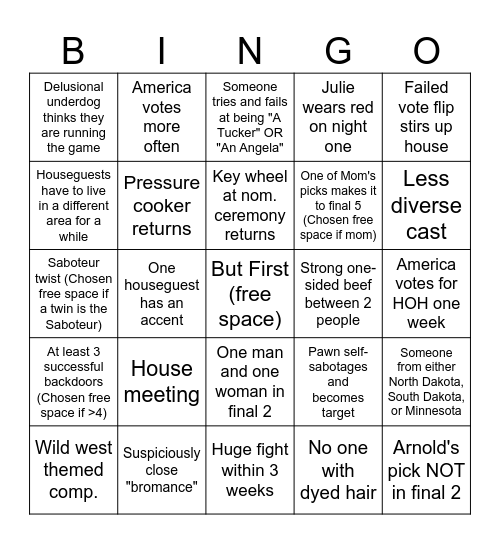 Big Brother 27 Bingo Card