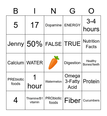 Nutrition Bingo Card