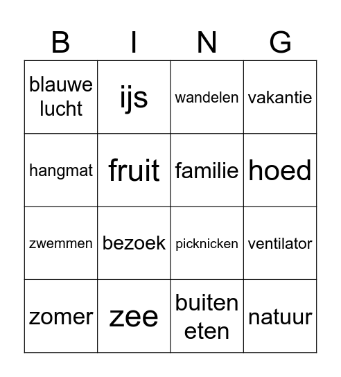 zomer NT2 volwassen Bingo Card