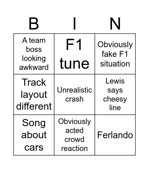 F1 Bingo Card