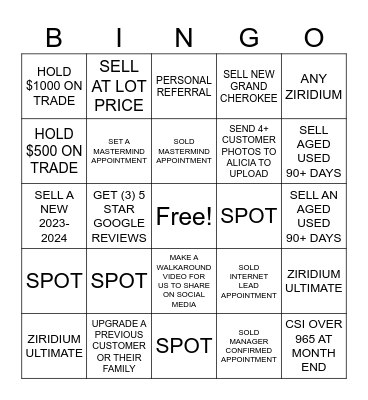 CAR SALES BINGO Card