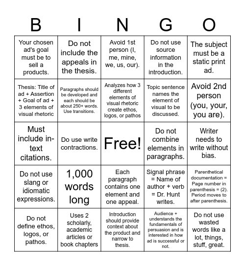 Ad Analysis Requirements BINGO Card