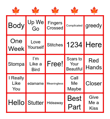 Canadian Pop Hits Bingo Card