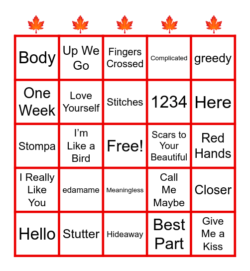 Canadian Pop Hits Bingo Card