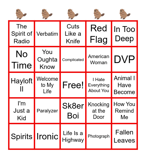 Canadian Rock Bingo Card