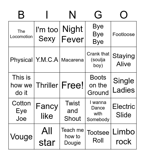 Dance Dance Bingo Card