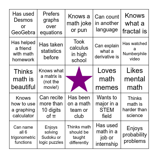 Math Bingo Card