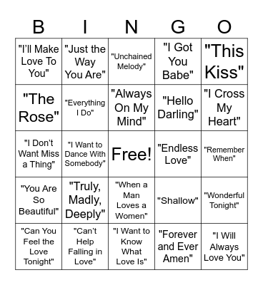 Love Song Music Bingo Card