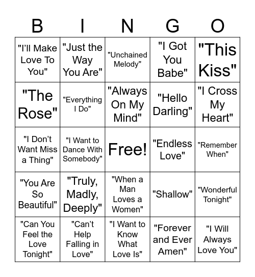 Love Song Music Bingo Card