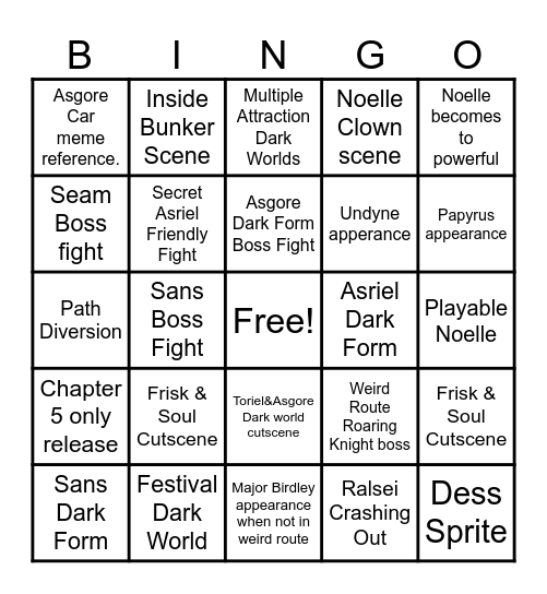 Deltarune Chapter 5 Bingo Card
