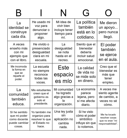 Bienestar y cambio social Bingo Card