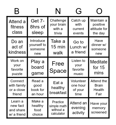 Brain Health Bingo Card