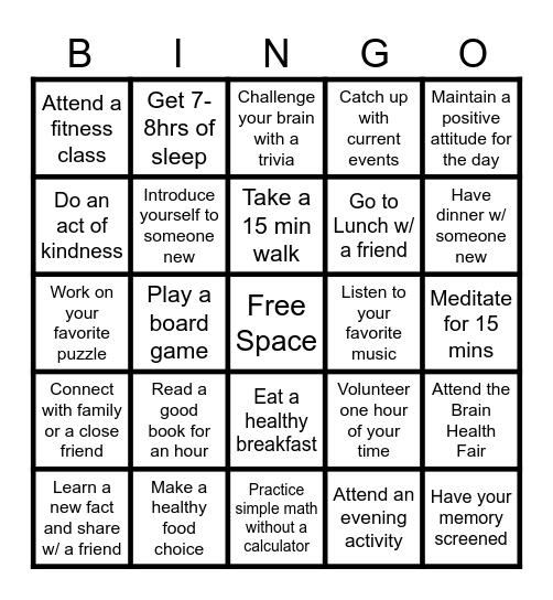 Brain Health Bingo Card