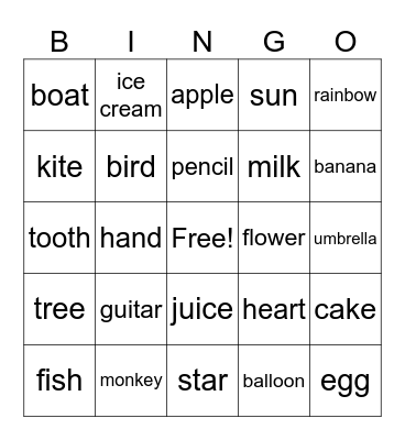 English Bingo Card