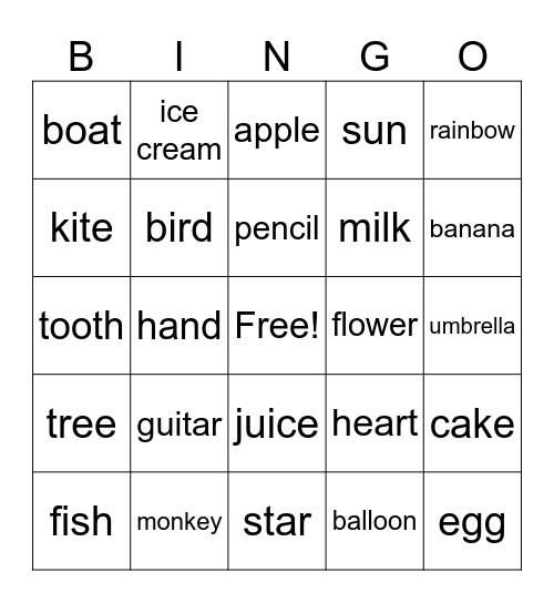 English Bingo Card