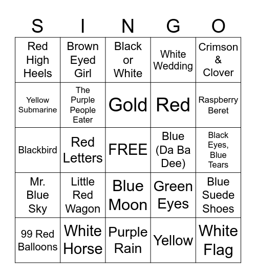 Songs w/ a Color in the Title Bingo Card